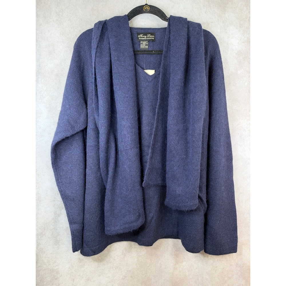 NWT Terry Lewis Sweater Set Women Large Navy Blue Lambswool Angora V-Neck Scarf
